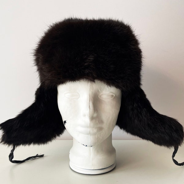 Fur Ushanka hat, Rabbit ear flaps trapper trooper winter hat, Soviet Vintage 70s brown real fur traditional vinter hat gift idea for her him