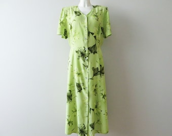 80s Green Floral Dress Lilies Print Button up Short Sleeve Gown Button Down Bohemian Summer Festival Maxi Dress Viscose Church Dress Large