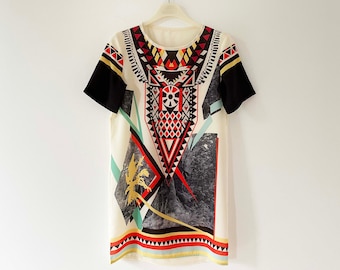 Vintage Tribal Print Tunic Top: Boho Short Sleeve Blouse, Size Small