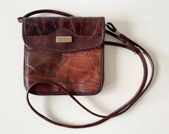 80s Leather cross body purse, patchwork leather bag, Brown real leather shoulder bag, genuine leather handbag, summer festival, gift for her