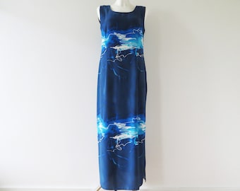 Robe d'été en viscose bleue des années 90 pour femme, robe colonne sans manches avec fente latérale dans le dos, cadeau pour femme fabriqué en Finlande, petite
