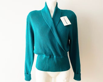 NOS 80s Knit women's sweater, turquoise blue cotton blend pullover with shoulder pads, women wrap top, knitted sweater, gift idea for her