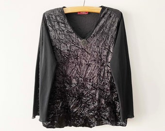 80s Black crushed velvet top, Grunge gothic blouse, Elastic velvet long sleeve shirt with shoulder pads, gift for her, plus size xl large