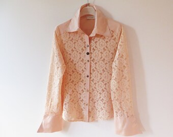 90s Vintage Peach Lace Bluse: Transparentes Blumen Top, Grösse Medium