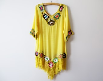 Yellow Tunic Dress Fringed Women Boho Summer Mini Dress Beach Shirt Maternity Top Bohemian Gypsy Gown Gift for Her Size Medium