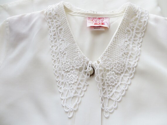 80s Ivory White Blouse with Lace Collar Women Sil… - image 6