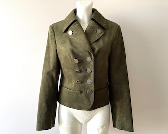 Jaqueta Dirndl de camurça vegan cáqui vintage: Blazer Trachten austríaco, médio