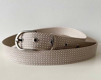 Beige canvas belt, Woven vegan free waist belt with metal buckle, narrow sand beige belt