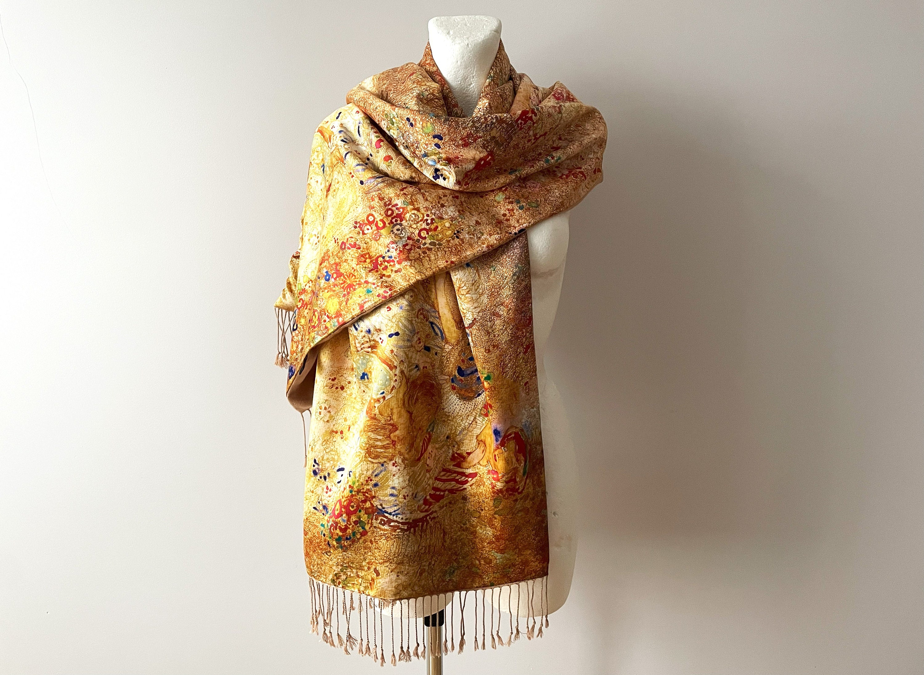 Vintage Painted Scarf: Golden Beige Fringe Shawl - Evening Wrap