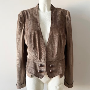 Brown women&#39;s blazer with corduroy elements, beige short blazer, cropped formal jacket, Long sleeve fitted blazer, office wear, gift for her