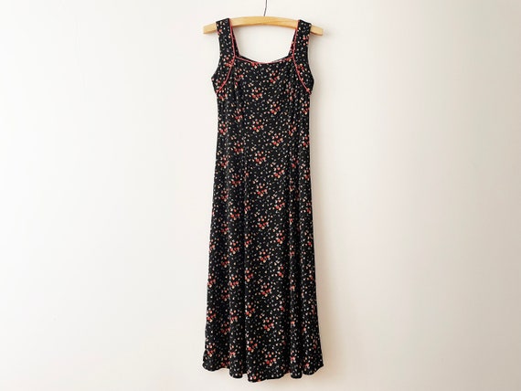 90s Viscose summer dress, black floral print slee… - image 5