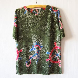 Vintage Olive Green Blouse: Nautical Anchor Print Oversized Top