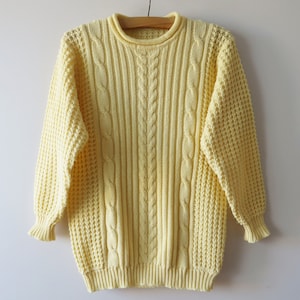 80s Aran Knit Sweater Cable Knitted Vanilla Cream Pullover Yellow Fisherman&#39;s Sweater Unisex Jumper Chunky Pullover Gift for Her Him