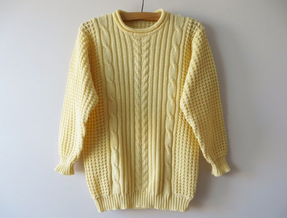 Vintage 80s Aran Knit Sweater: Cream Cable Knit Fisherman Jumper 