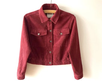 Women's corduroy jacket, maroon red bomber jacket, cropped cotton corduroy blazer, women free time wear, short button up jacket