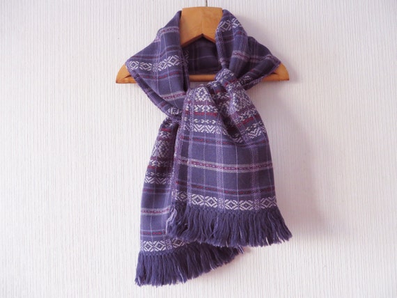 Vintage 80s Purple Wool Scarf Nordic Handwoven Sc… - image 1