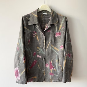 Women&#39;s linen blazer, floral lightweight gray summer jacket with snap buttons, unlined formal blazer, gift idea for her, size medium