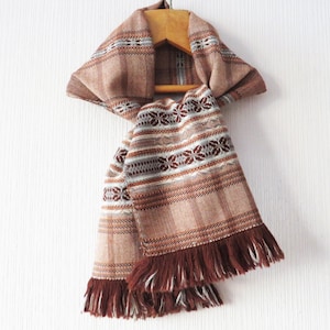 Vintage 80s Handwoven Wool Scarf Fringed Nordic Scarf Men&#39;s Women&#39;s Wrap Brown Blanket Scarf Warm Winter Shawl Neck Warmer Fine Wool Scarf