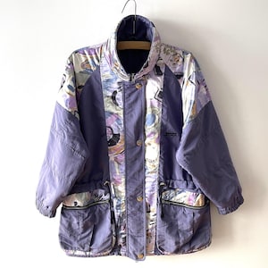 80er Jahre Lila Parka Jacke, Kordelzug Winter Parka Mantel, Kugelfisch Jacke, Schnee Festival Oberbekleidung, Retro Wander Camping Jacke, groß