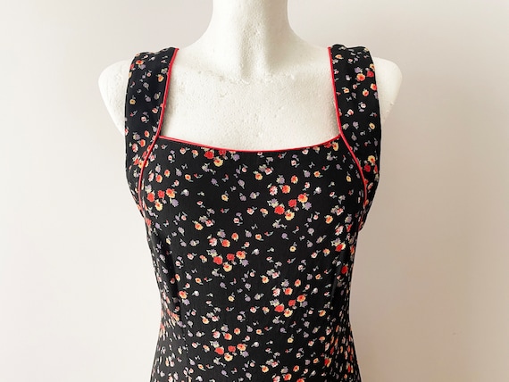 90s Viscose summer dress, black floral print slee… - image 2