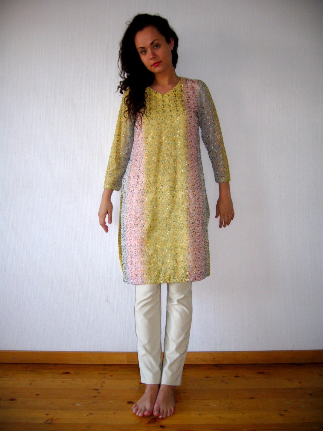 Embroidered Tunic Women Kaftan Dress Floral Pastel Organza - Etsy