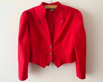 Women dirndl jacket, Red linen cotton blend blazer, Alpen trachten loden short jacket, Bavarian festival Austrian Tyrolean blazer, large