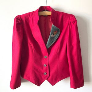 Hot red women&#39;s blazer, Embroidered trachten wool blend jacket, German dirndl warm parka coat, Bavarian festival, Austrian jacket, medium