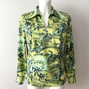 90s Green yellow floral blouse, collared women shirt, fitted long sleeve bohemian top, gift idea for her, size medium to large