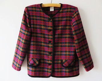 80er Jahre Lila Karierte Frauen Blazer Wollmischung Karierte Jacke mit Schulterpolstern Mod Tweed Blazer Damen Büro Wear Geschenk für Sie große