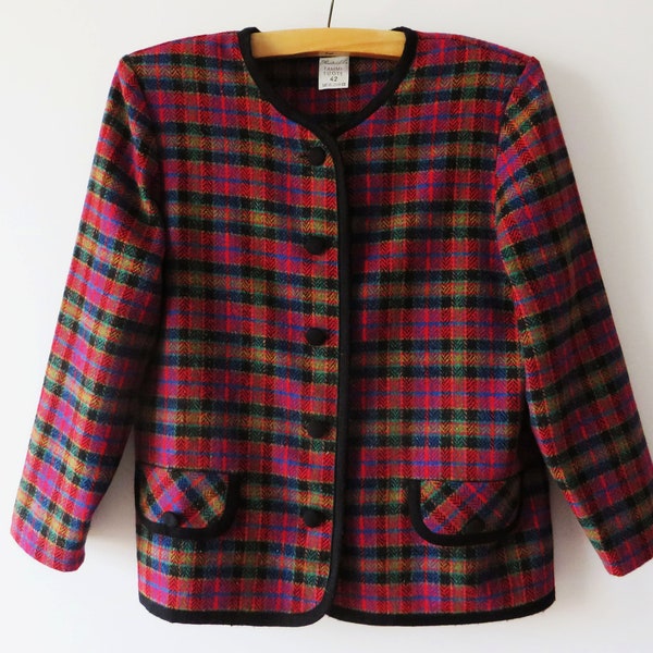 80s Purple Plaid Women Blazer Wool Blend Checkered Jacket with Shoulder Pads Mod Tweed Blazer Ladies Office Wear Gift for Her Large