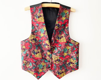80s Burgundy berry's and flowers print vest, floral renaissance style waistcoat, lightweight baroque top, size large