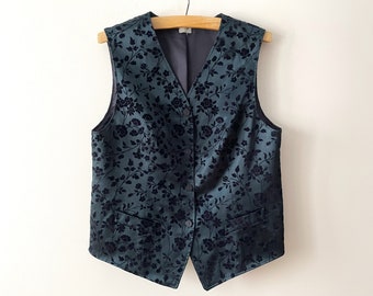 90s Navy floral women's vest, dark blue formal fitted waistcoat, office wear, steampunk vest, gift idea for her, size large