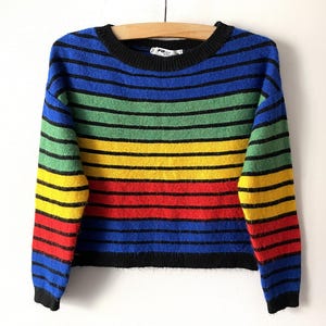 Rainbow sweater, bright striped knitted women&#39;s pullover, cropped LGBTQ+ pride festival clothing, gift idea for her, size medium