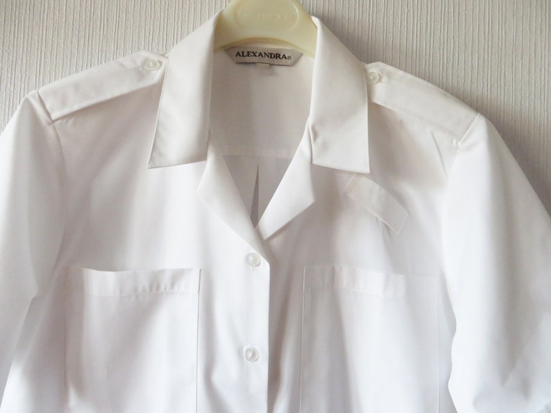White Uniform Shirt Women/'s Military Blouse Shoulder Epaulettes Short Sleeve Shirt Cotton blend Summer Shirt Uniform Blouse Size Large