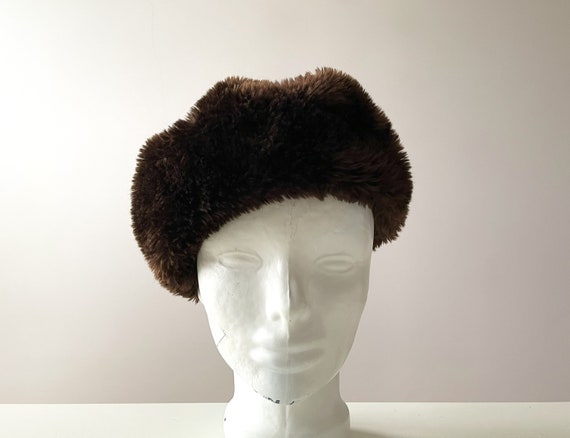 80s Women's winter beret, brown vegan fur hat, fa… - image 1