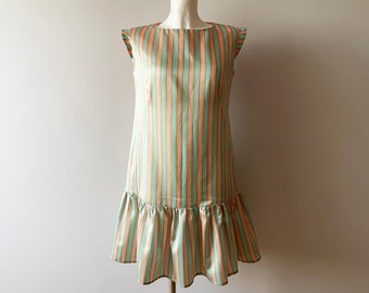 Striped summer dress, women's summer gown, mint green peach silk cotton blend mini shift dress, sleeve less sundress, gift for her, small