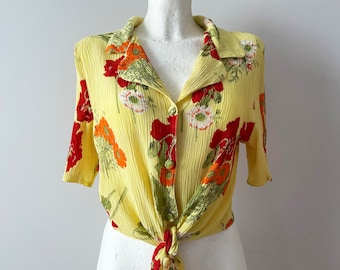 Blouse Poppies des années 80, crop top en viscose jaune, chemise nouée Midriff, chemise de style country à manches courtes, chemisier cowgirl, cadeau pour elle, taille moyenne