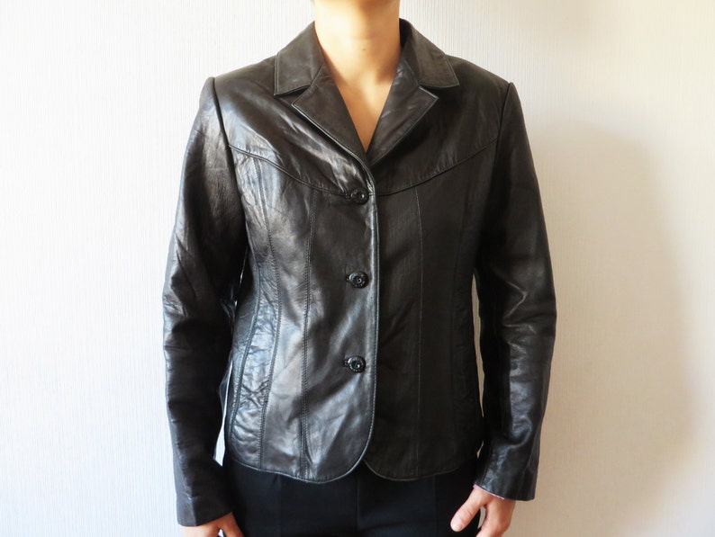 Black Leather Jacket Women Soft Genuine Short Trench Coat Single Ted Blazer Military Style Medium To Large