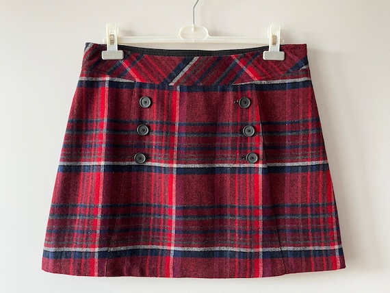 Tartan plaid mini skirt, Red gray checkered wool … - image 1