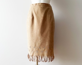 Vintage Vegan Suede Fringe Skirt: Boho Faux Leather Pencil Skirt, Small