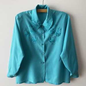 80s Embroidered turquoise blouse, women&#39;s office shirt, Silky polyester blouse, long sleeve button up women shirt, gift idea for her, large
