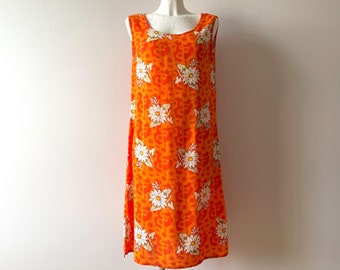 90s Viscose summer dress, orange floral print sleeveless gown, bright women's mini dress, gift idea for her, size medium