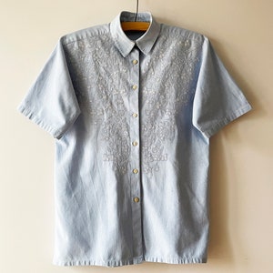Embroidered blouse, Light blue short sleeve shirt, Cotton women&#39;s top, button up cropped summer blouse, gift for her, size medium