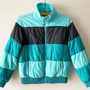 Turquoise ski suit jacket, PUMA sea blue color block ski jacket, short snow jacket, hipster winter ski suit top, skiing jacket, gift for her
