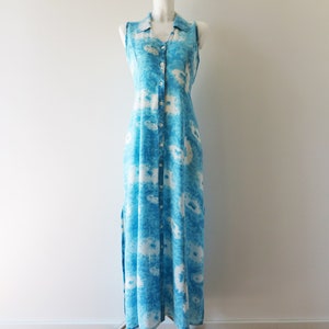 80s Turquoise Blue Summer Dress Abstract Print Viscose Button up Sleeveless Gown Button Down Side Slits Maxi Church Dress Gift for Her