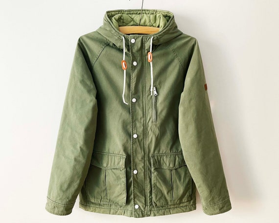 Khaki Parka Jacket, Adidas Hooded Windbreaker with Quilted Lining, Olive Green Cotton Zipped Rain Jacket, Gift for Her Him, Size Small