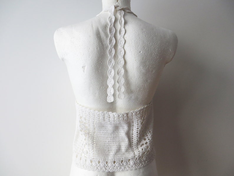 Ivory Cotton Halter Top Crochet Summer Crop Top Crocheted Tank Top White Open Back Top Summer Beads Embroidered Bustier Gift for Her Medium