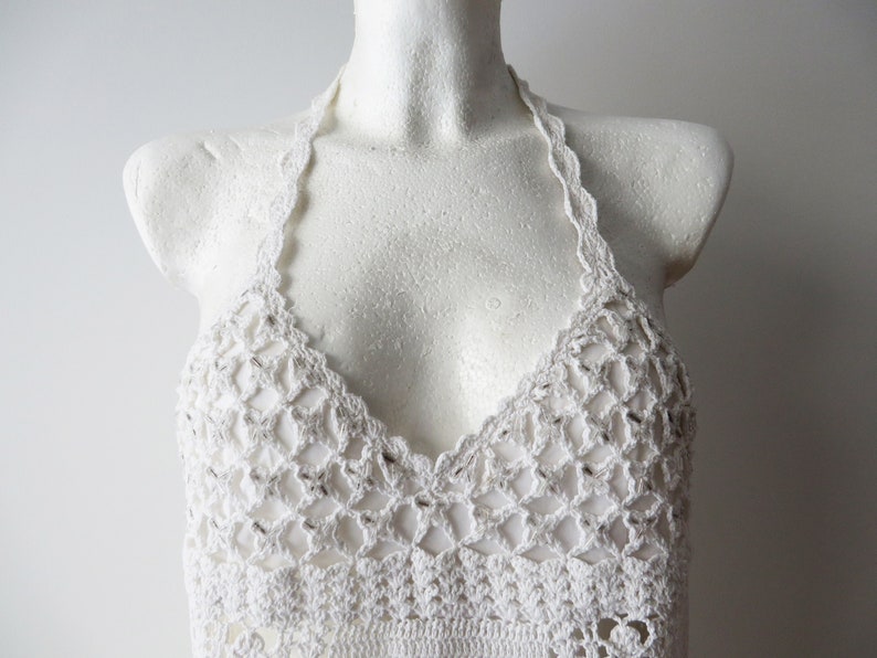 Ivory Cotton Halter Top Crochet Summer Crop Top Crocheted Tank Top White Open Back Top Summer Beads Embroidered Bustier Gift for Her Medium