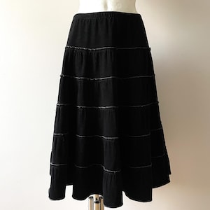 Black corduroy skirt, tiered microcorduroy bohemian skirt, ruffled elastic waist black A-Line cotton skirt, gift idea, women&#39;s size small