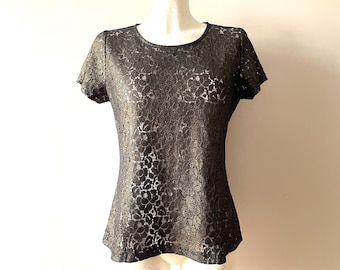 Vintage Lace Blouse: Black Bronze Sheer Floral Top, Size Small